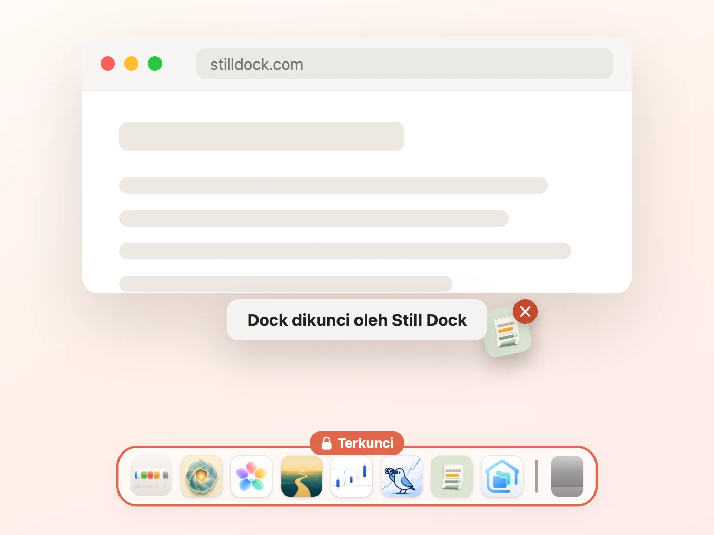 Jendela Still Dock dengan kunci Isi menyala dan tiga lainnya mati