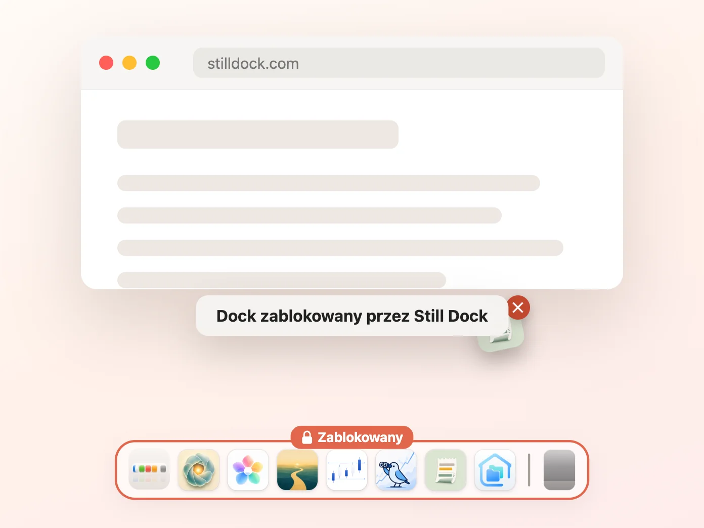 Okno Still Dock z włączoną blokadą zawartości i trzema pozostałymi wyłączonymi