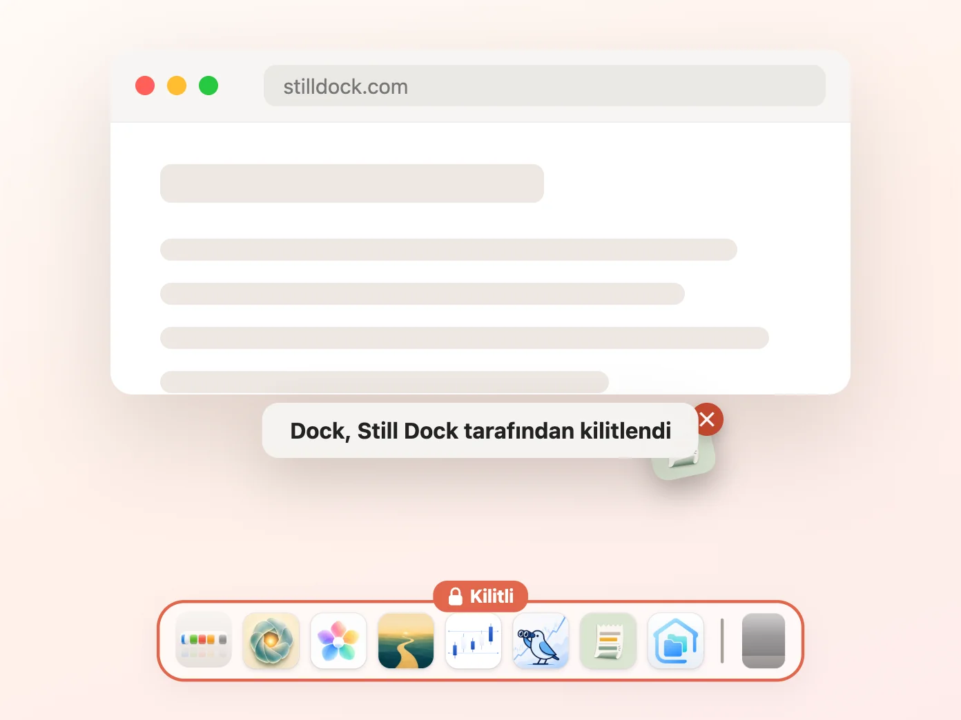 İçerik kilidi açık, diğer üçü kapalı Still Dock penceresi