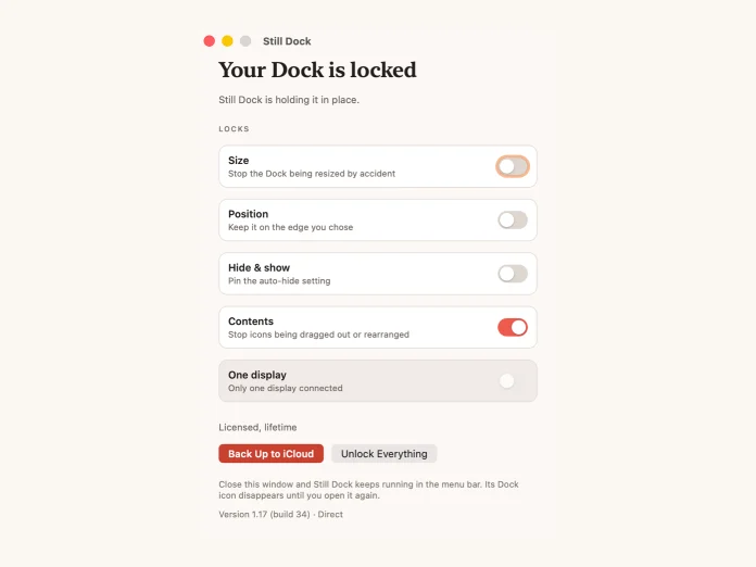 Still Dock's window with the Contents lock on and the other three off