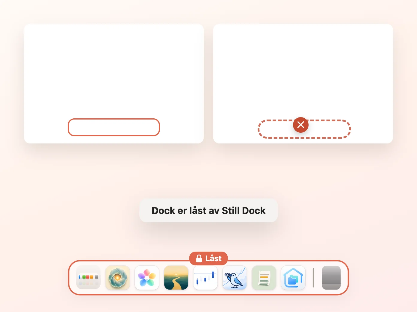 Still Dock-vinduet med Hold Dock på én skjerm slått på