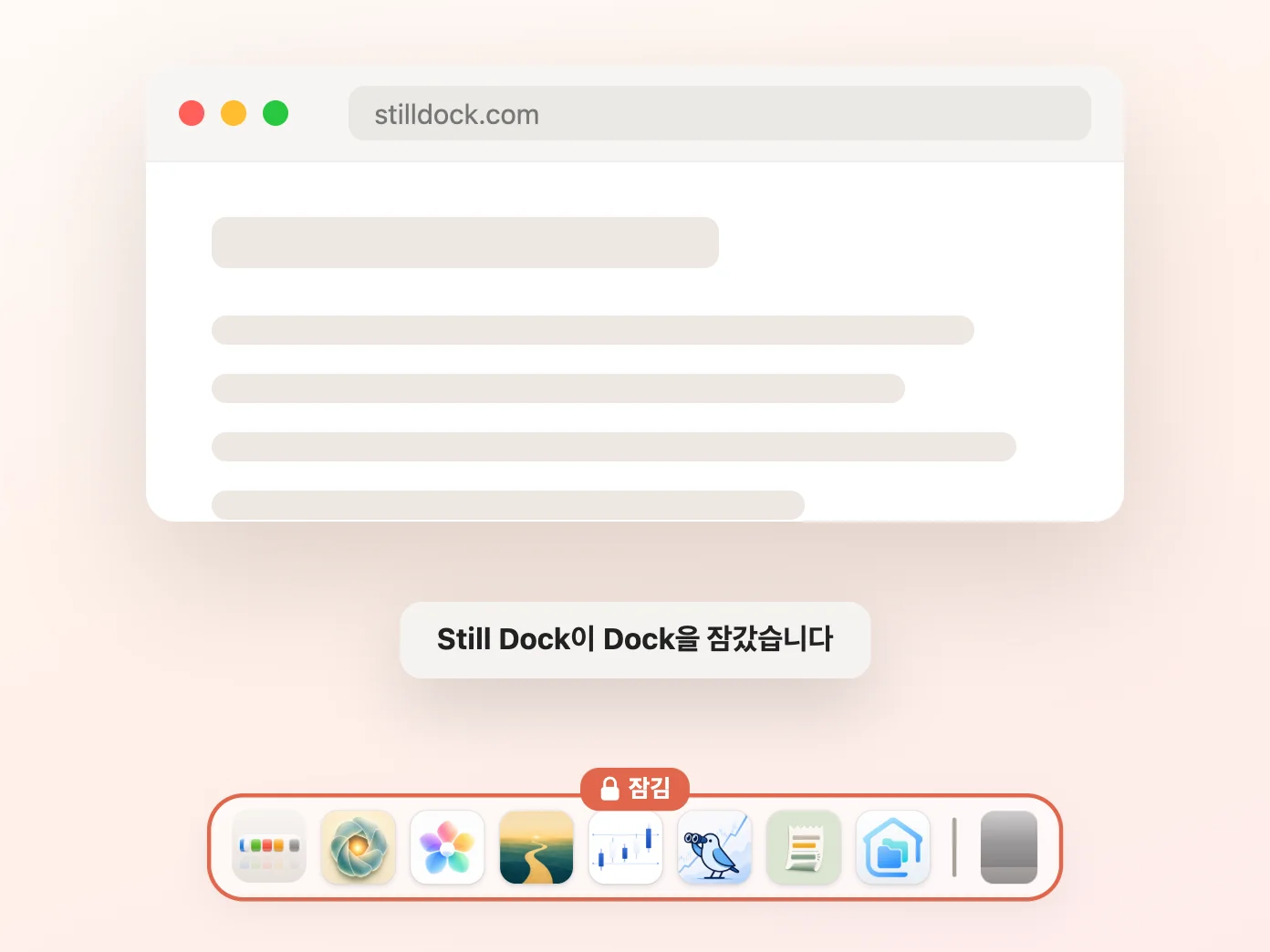 가리기 및 보기 잠금만 켜져 있고 나머지 세 개는 꺼져 있는 Still Dock 창