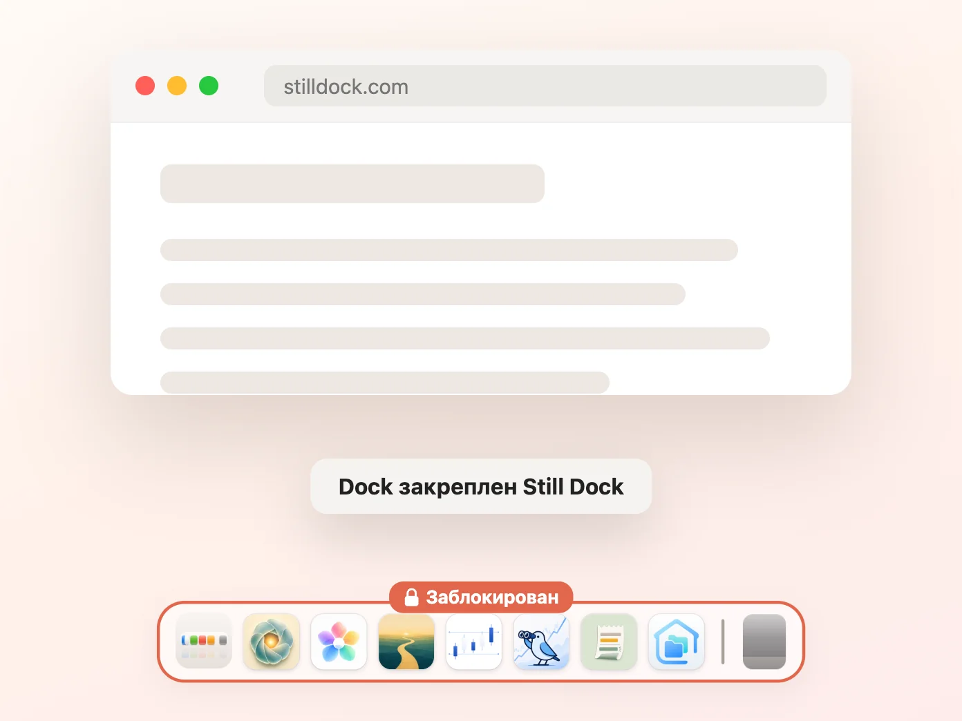 Окно Still Dock: блокировка скрытия и показа включена, остальные три выключены
