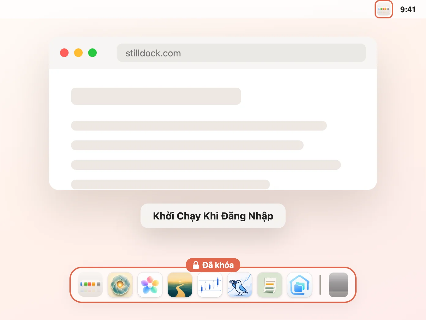 Thanh menu của Still Dock, bao gồm cả Khởi chạy khi đăng nhập