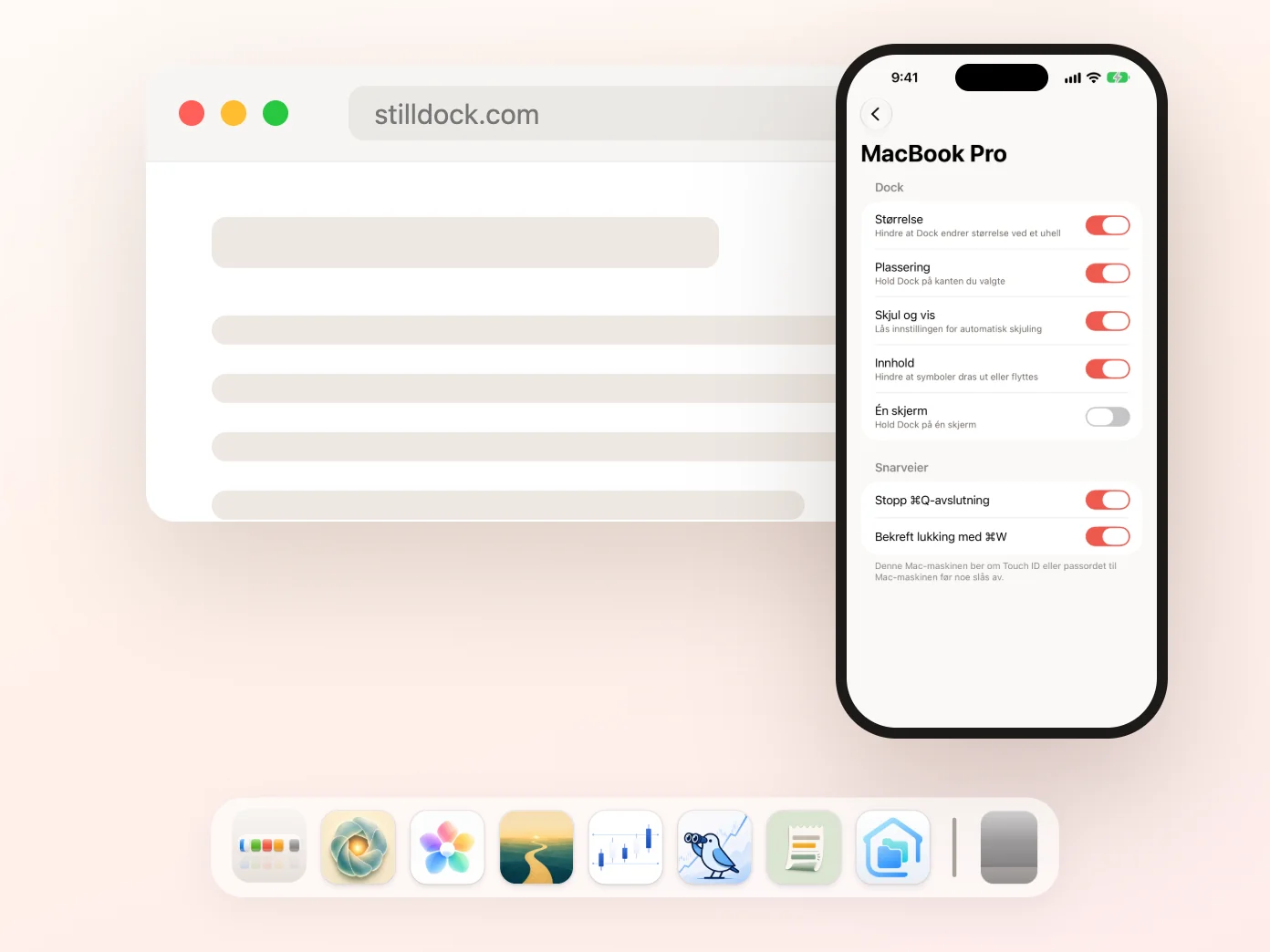 Still Dock på en iPhone, med låsene til en Mac som brytere