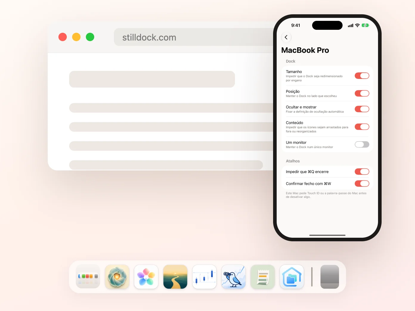O Still Dock num iPhone, com os bloqueios de um Mac como interruptores