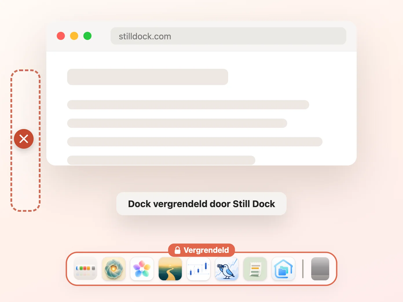 Het venster van Still Dock met de Positie-vergrendeling aan en de andere drie uit
