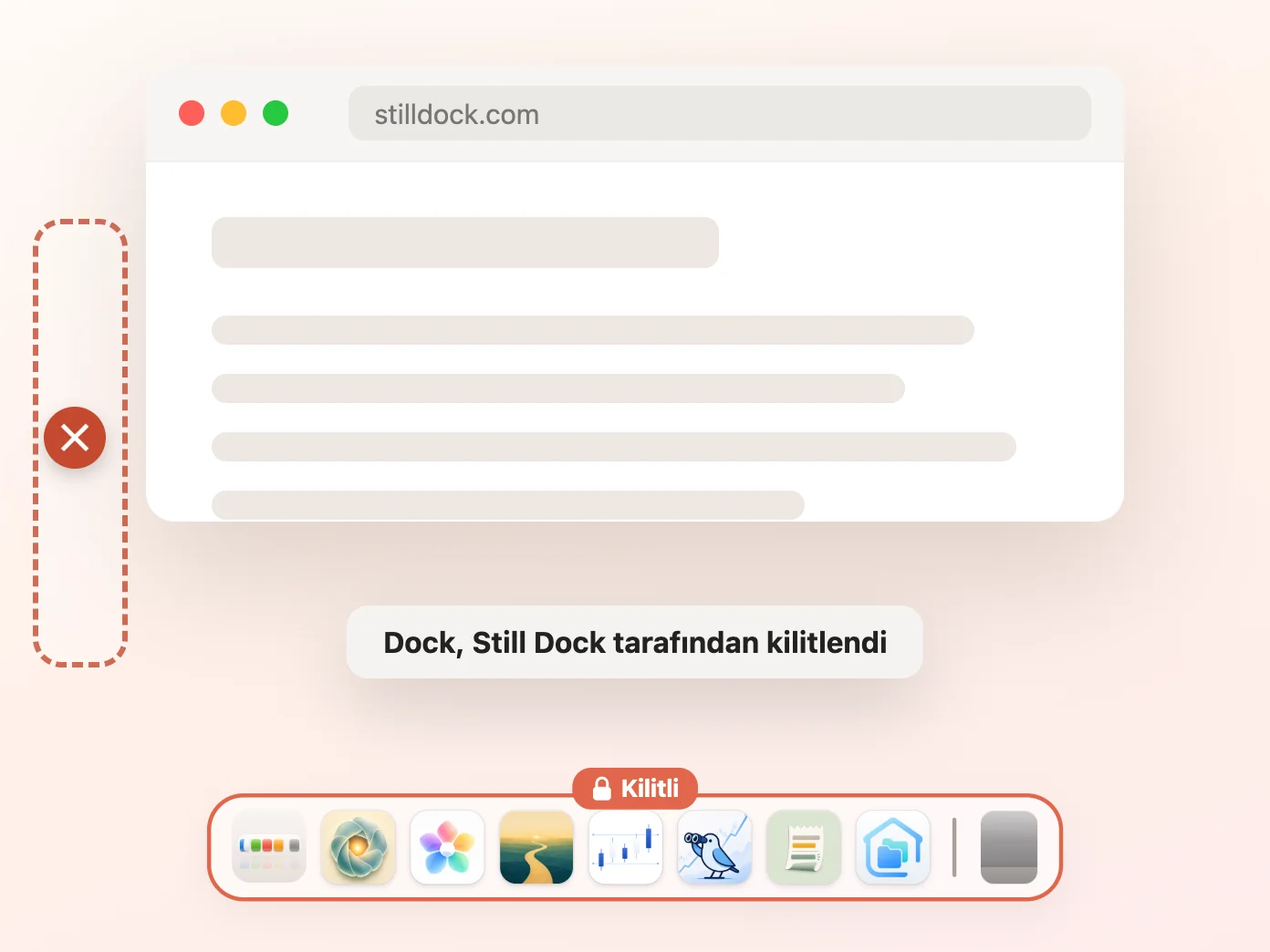 Konum kilidi açık, diğer üçü kapalı Still Dock penceresi