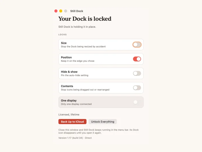 Still Dock's window with the Position lock on and the other three off