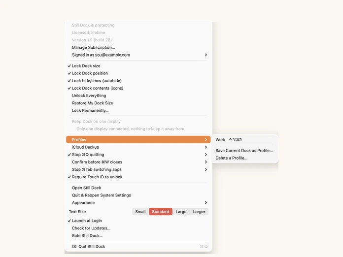 Still Dock's menu bar, including Profiles