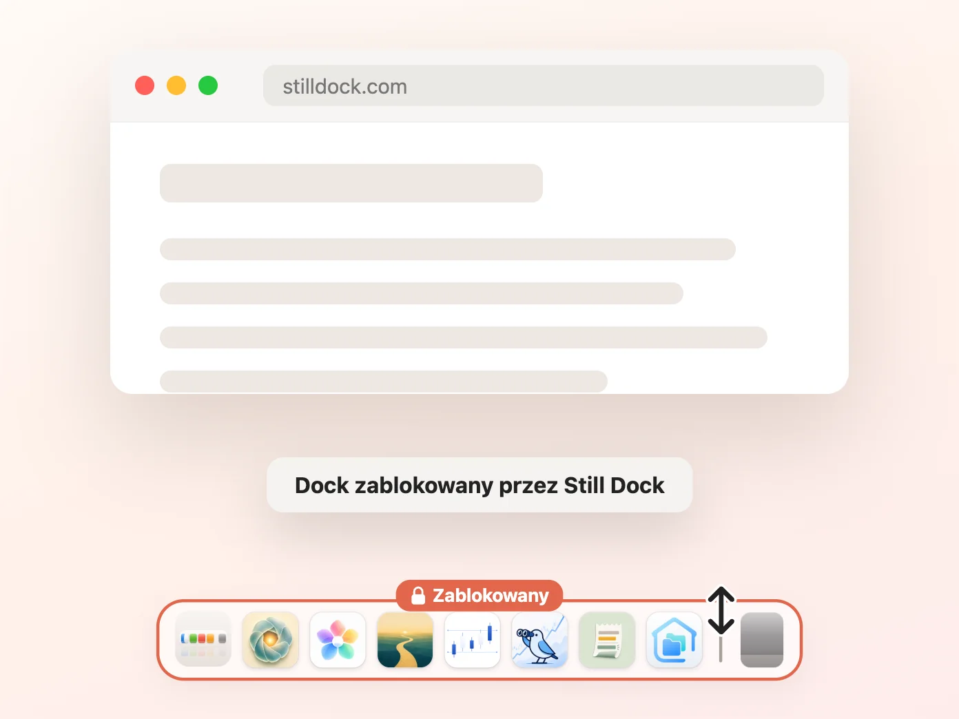 Okno Still Dock z włączoną blokadą rozmiaru i trzema pozostałymi wyłączonymi