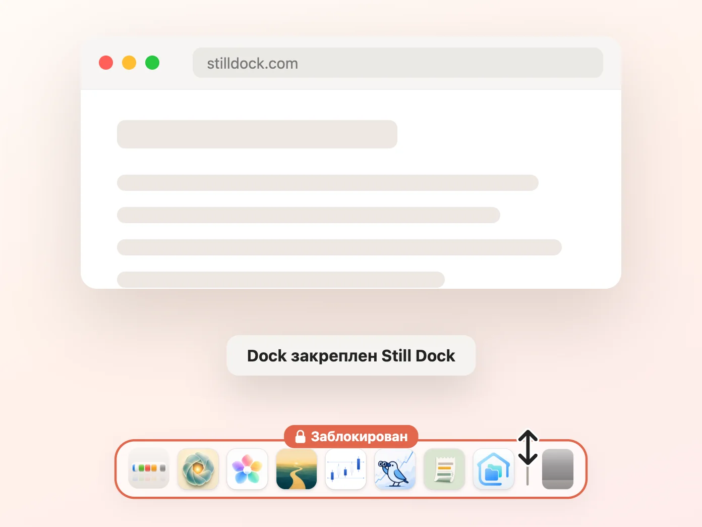 Окно Still Dock: блокировка размера включена, остальные три выключены