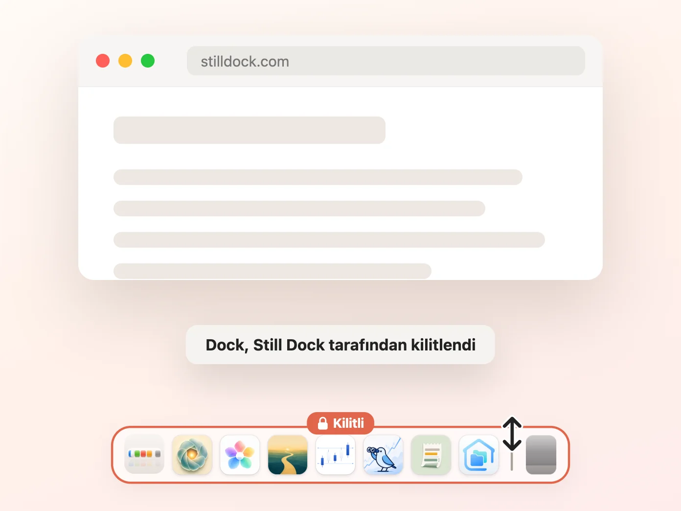 Boyut kilidi açık, diğer üçü kapalı Still Dock penceresi