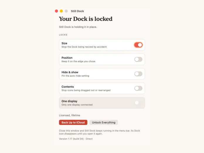 Still Dock's window with the Size lock on and the other three off