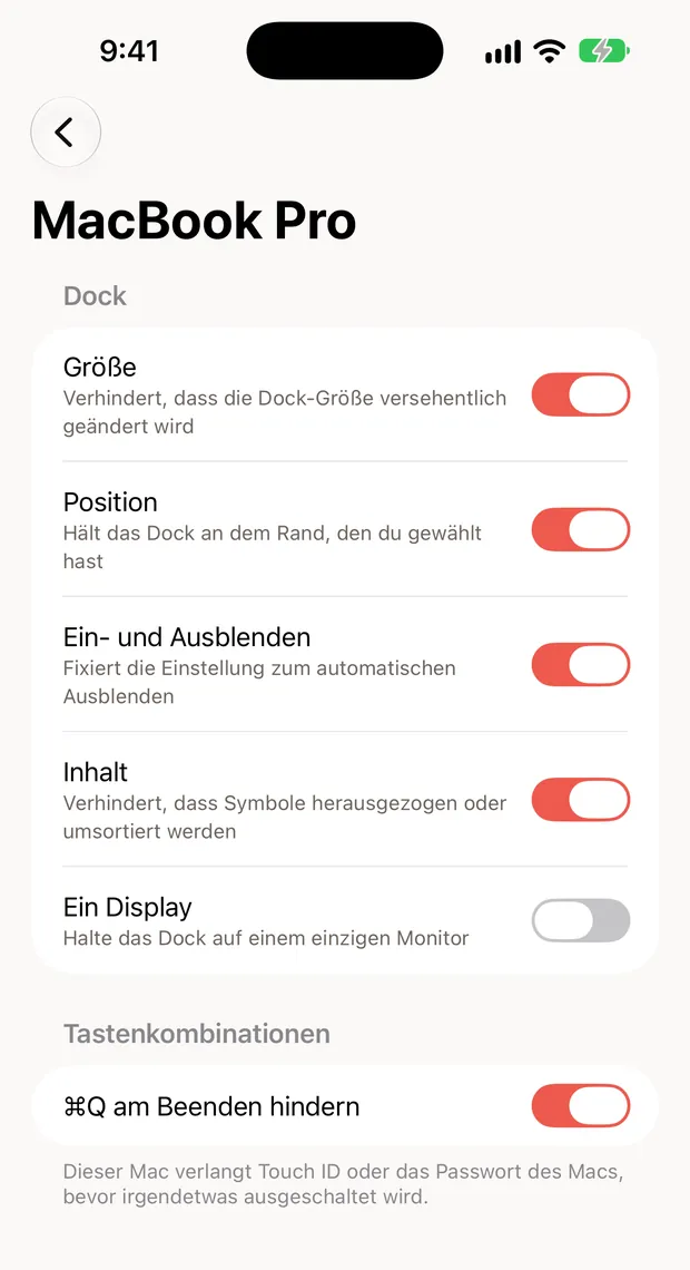 Still Dock auf einem iPhone, mit den Sperren eines Macs als Schalter