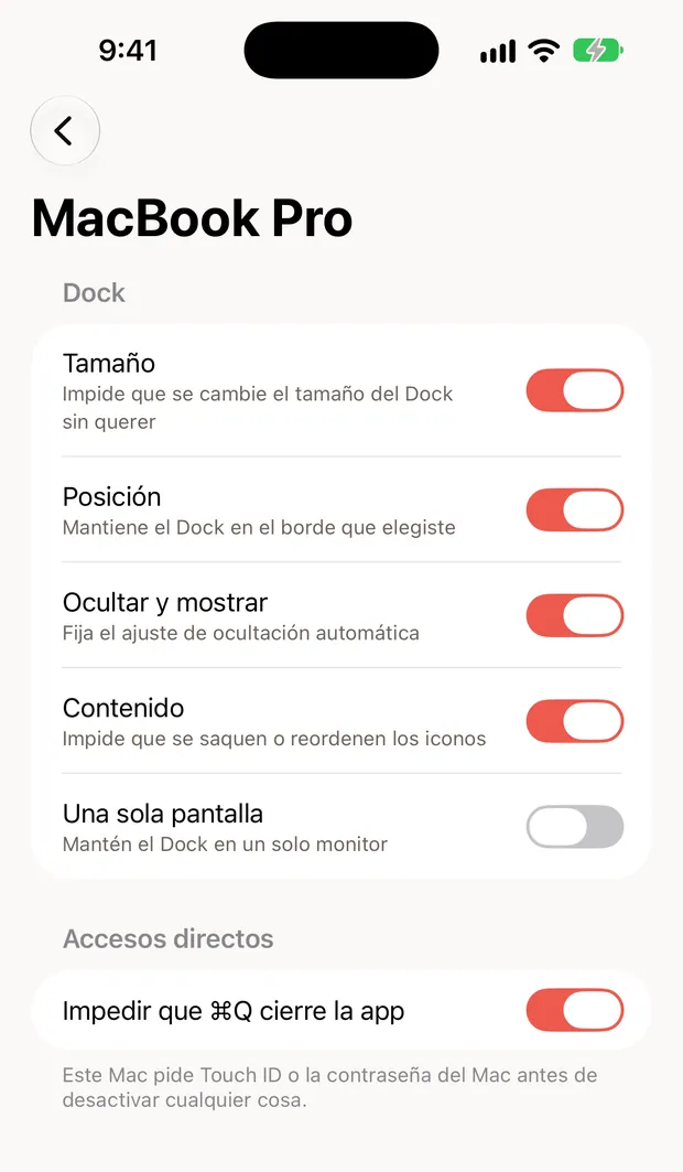 Still Dock en un iPhone, mostrando los bloqueos de un Mac con interruptores