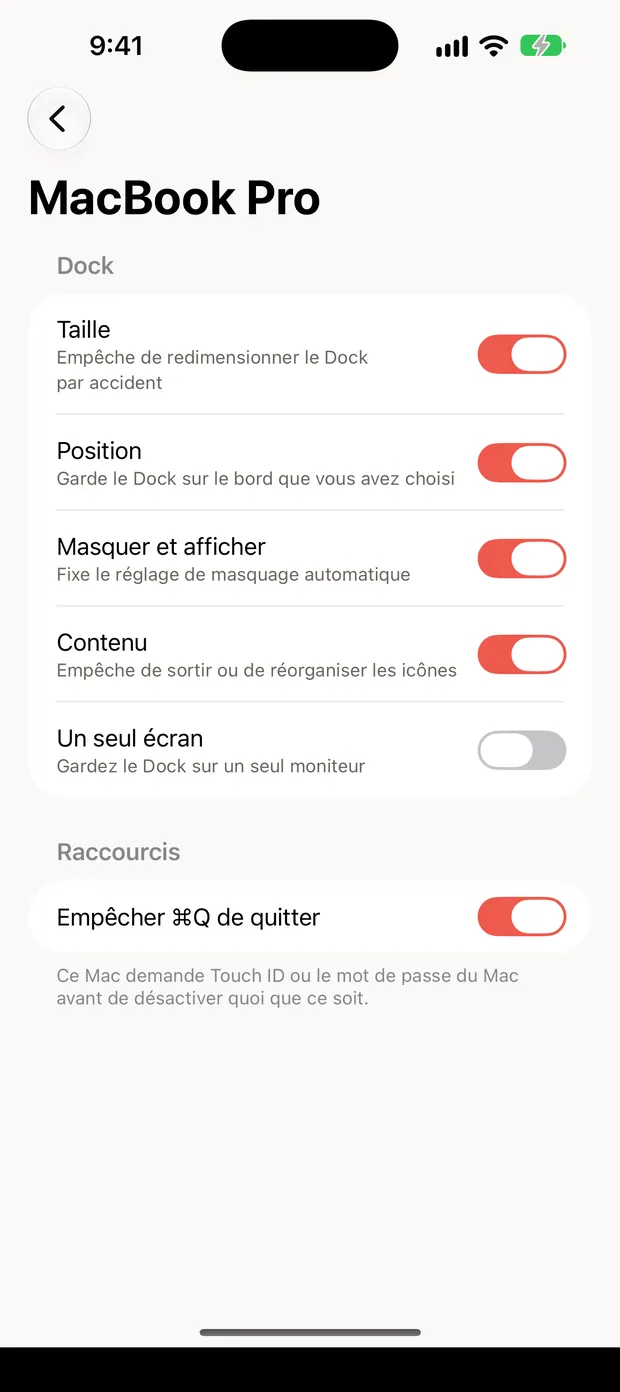Still Dock sur un iPhone, affichant les verrous d'un Mac avec des interrupteurs