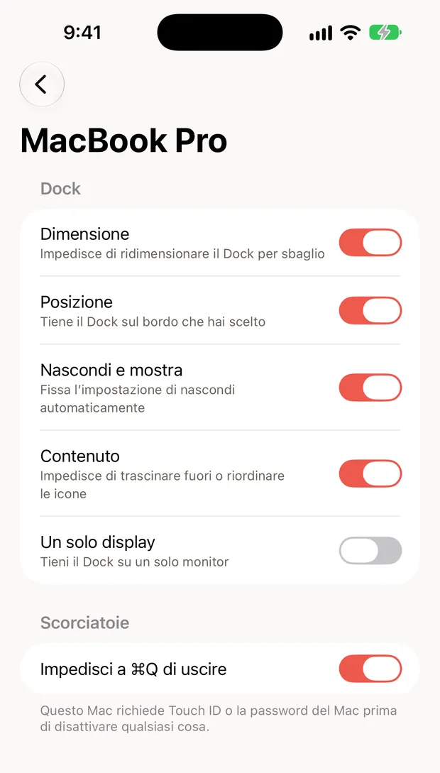 Still Dock su iPhone, con i blocchi di un Mac mostrati con interruttori