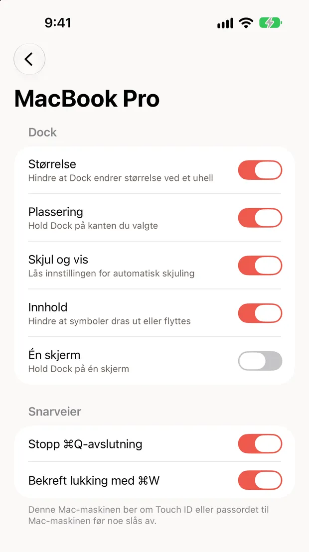 Still Dock på en iPhone, med låsene til en Mac og brytere