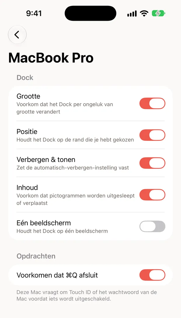 Still Dock op een iPhone, met de vergrendelingen van een Mac als schakelaars