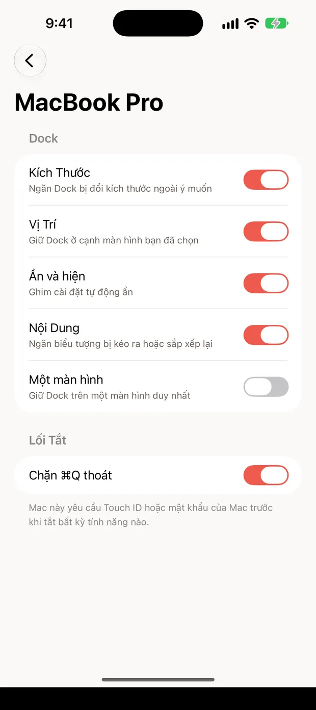 Still Dock trên iPhone, hiển thị các khóa của Mac cùng công tắc