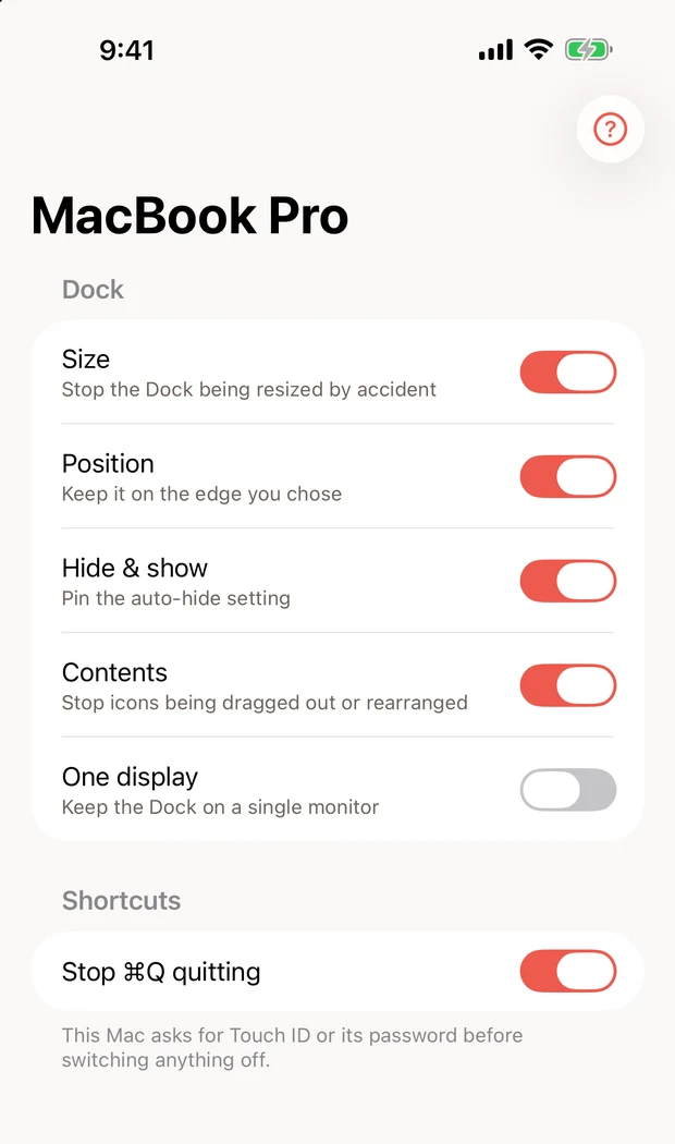 Still Dock en un iPhone, mostrando los bloqueos de un Mac con interruptores