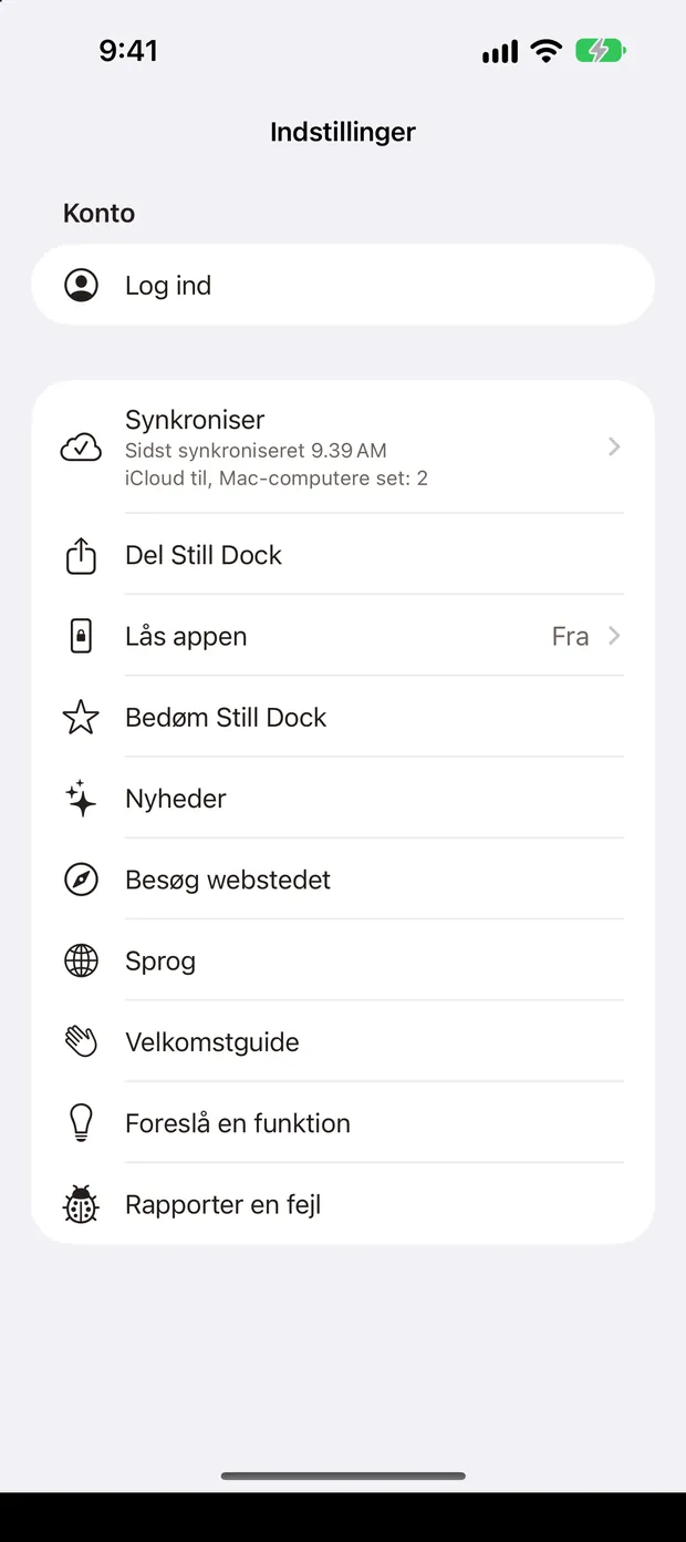 Still Dock-indstillinger på en iPhone med alle hjælpehandlinger i én liste