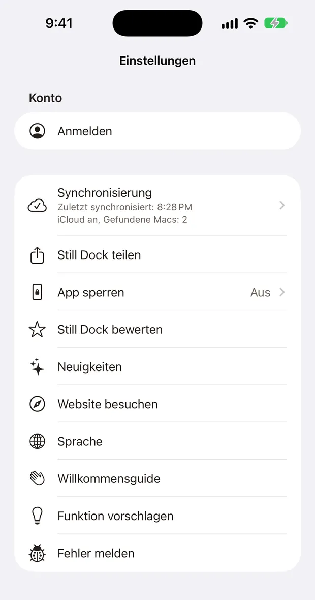 Still Dock Einstellungen auf einem iPhone, alle Hilfe-Aktionen in einer Liste