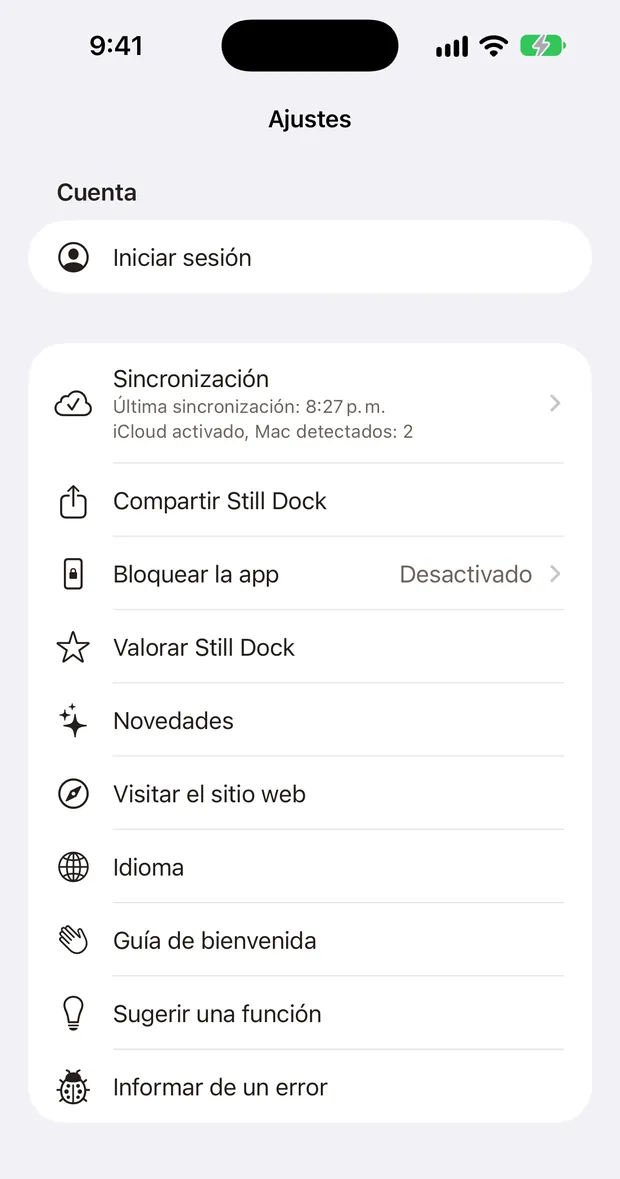 Ajustes de Still Dock en un iPhone, con todas las acciones de Ayuda en una lista