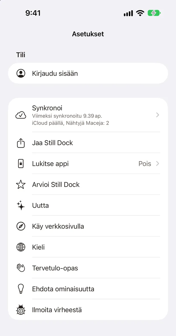 Still Dockin asetukset iPhonessa, kaikki Ohje-toiminnot yhdessä luettelossa