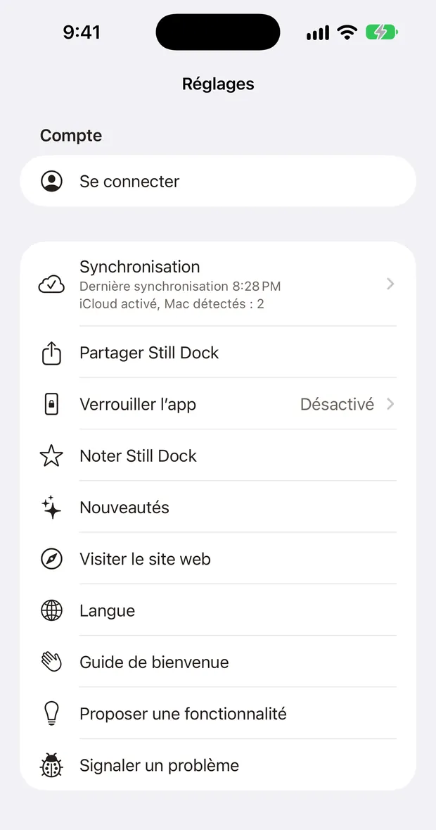 Les réglages de Still Dock sur un iPhone, avec toutes les actions d’aide dans une seule liste