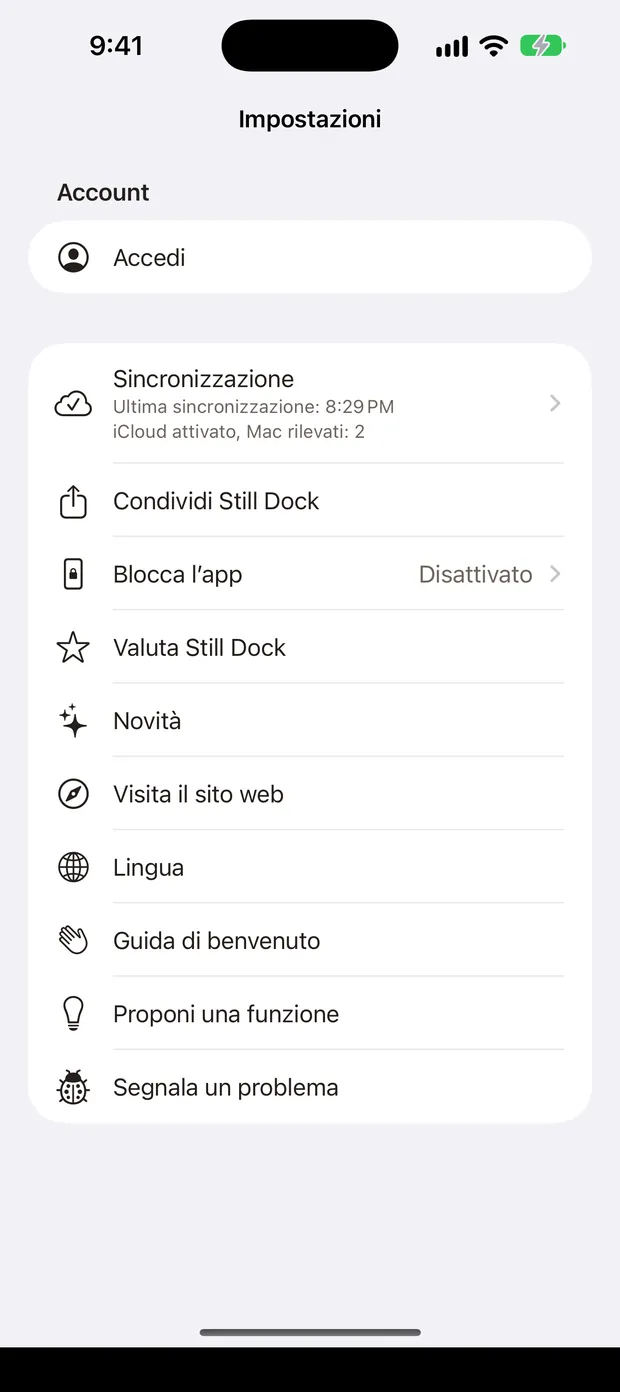 Le impostazioni di Still Dock su iPhone, con tutte le azioni di Aiuto in un solo elenco