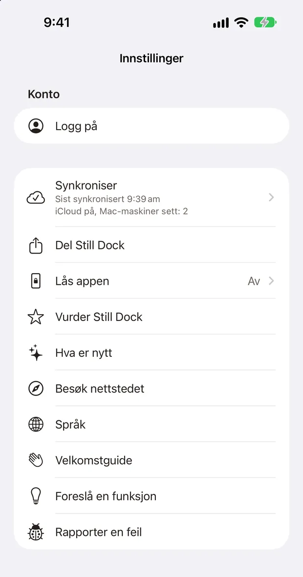 Still Dock-innstillinger på en iPhone, med alle hjelpehandlinger i én liste