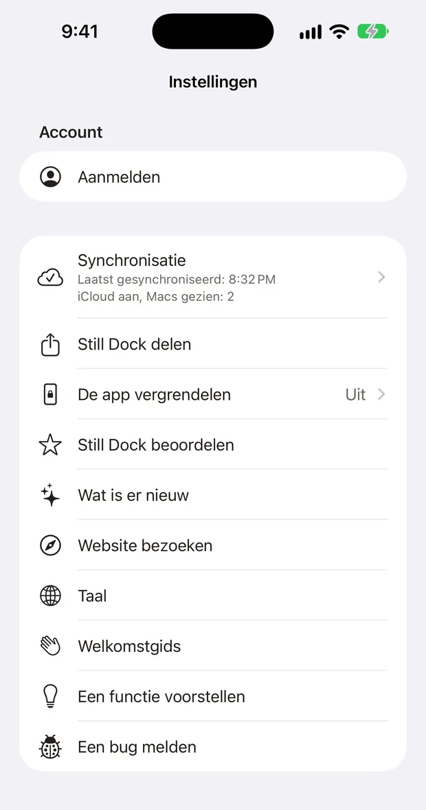 Instellingen van Still Dock op een iPhone, met alle Help-acties in één lijst