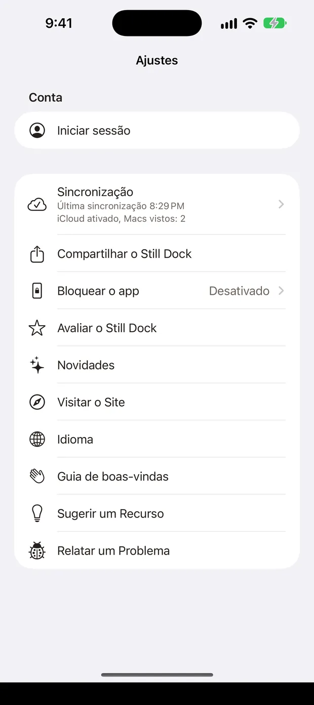 Ajustes do Still Dock em um iPhone, com todas as ações de Ajuda em uma lista