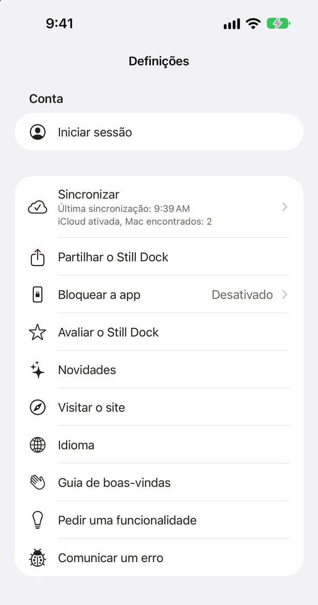 Definições do Still Dock num iPhone, com todas as ações de Ajuda numa só lista