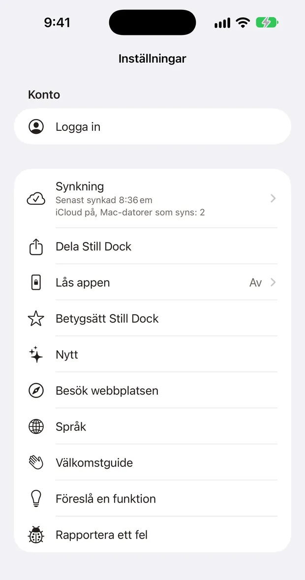 Inställningar för Still Dock på en iPhone, med alla Hjälp-åtgärder i en lista