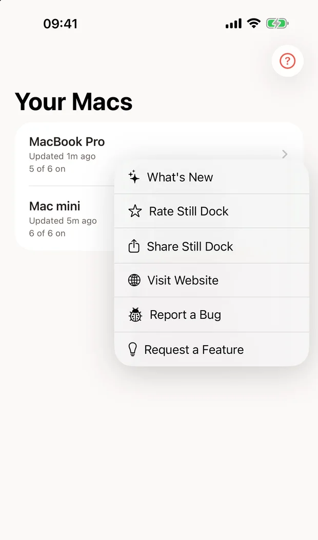 Still Dock على iPhone وقائمة المساعدة مفتوحة: الجديد، التقييم، المشاركة، زيارة الموقع، الإبلاغ عن خطأ، وطلب ميزة