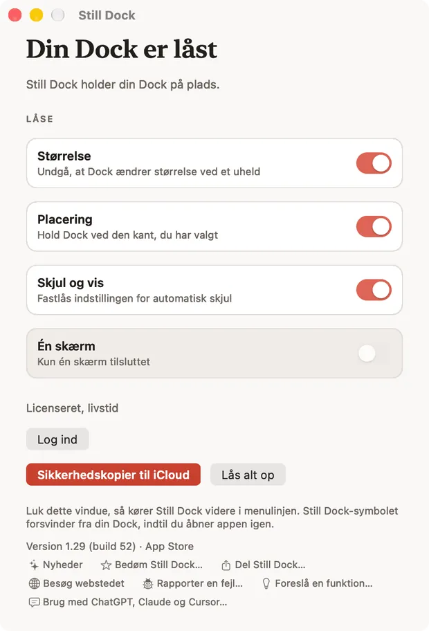 Still Dock-vinduet på en Mac med låsene og de syv hjælpehandlinger i bunden