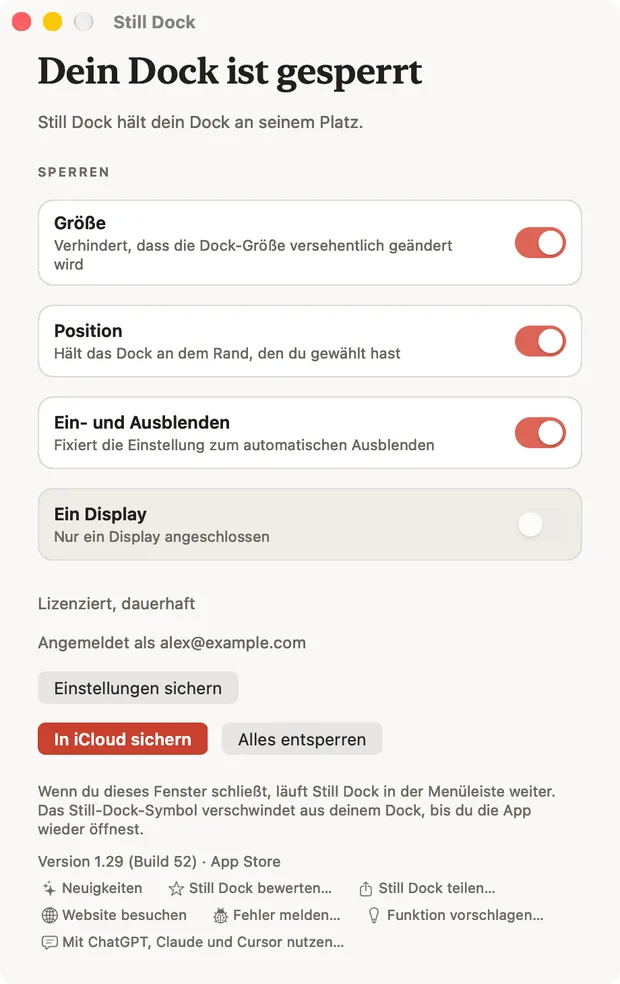 Das Still Dock-Fenster auf einem Mac mit den Sperren und den sieben Hilfeaktionen am unteren Rand