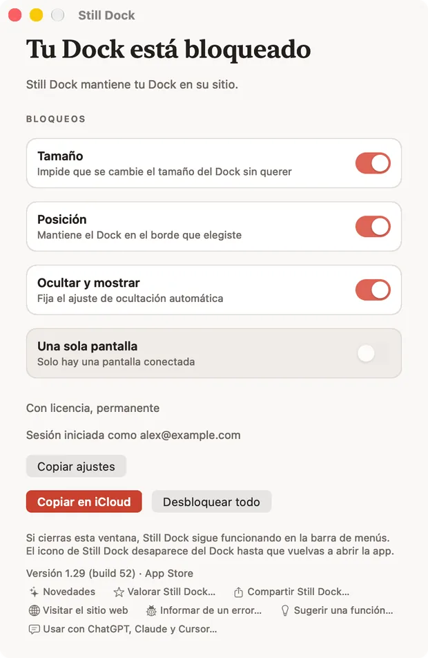 La ventana de Still Dock en un Mac, con los bloqueos y las siete acciones de ayuda en la parte inferior
