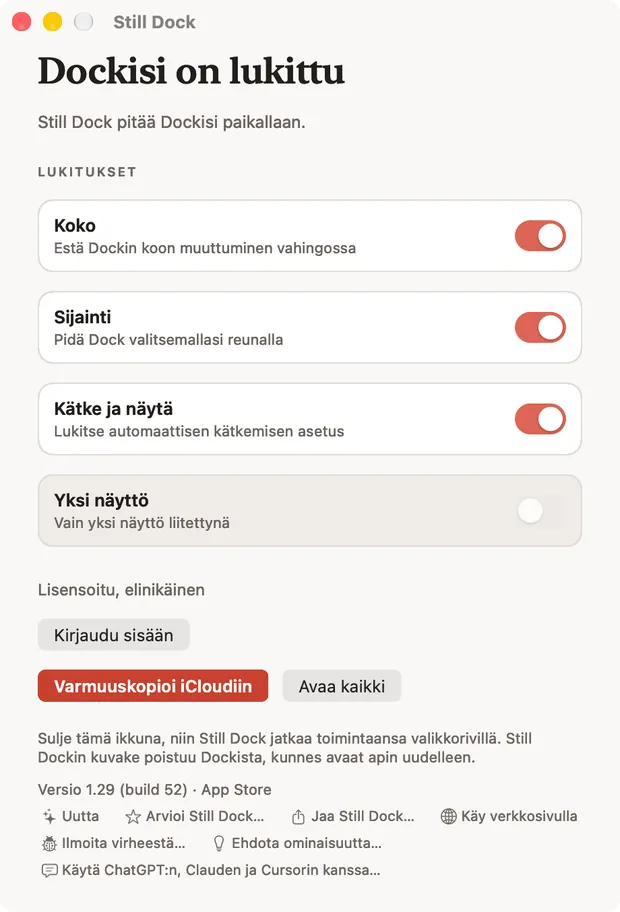 Still Dockin ikkuna Macilla: lukitukset ja alareunassa seitsemän ohjetoimintoa