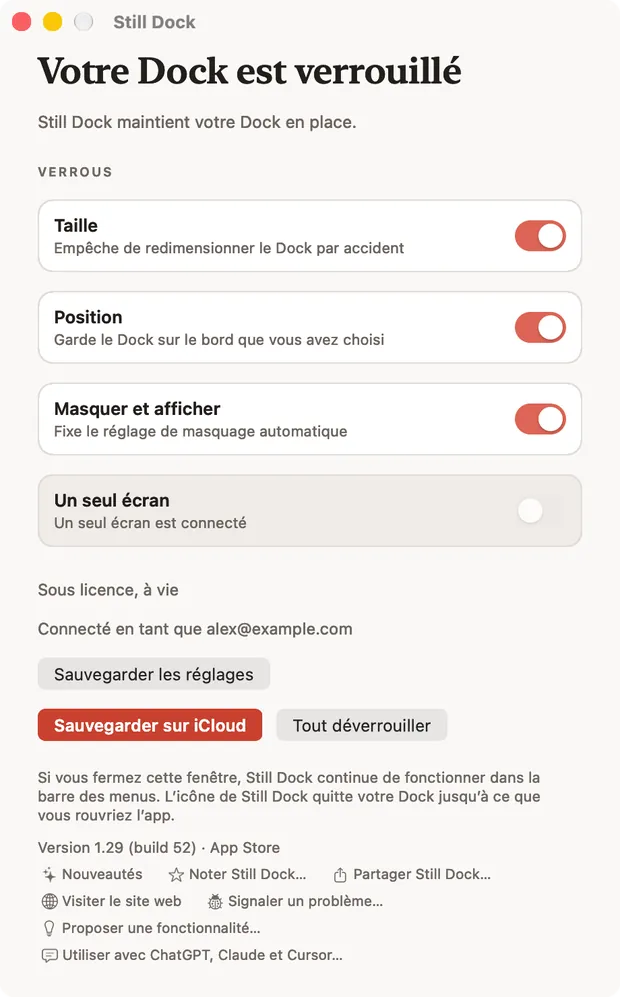 La fenêtre de Still Dock sur un Mac, avec les verrous et les sept actions d’aide en bas