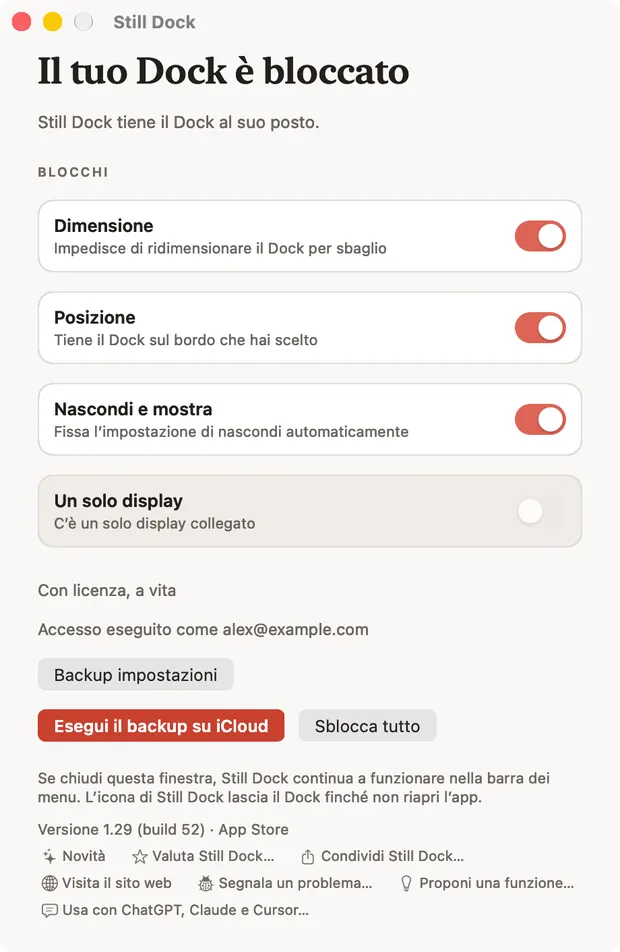La finestra di Still Dock su un Mac, con i blocchi e le sette azioni di aiuto in basso