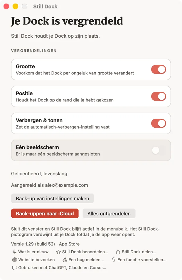 Het Still Dock-venster op een Mac, met de vergrendelingen en de zeven hulpacties onderaan