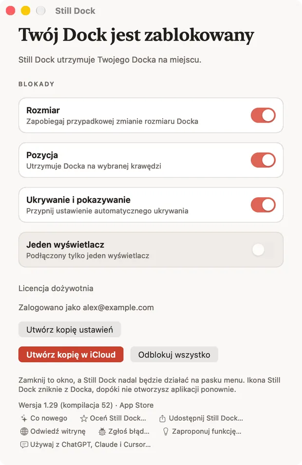 Okno Still Dock na Macu, z blokadami i siedmioma działaniami pomocy u dołu