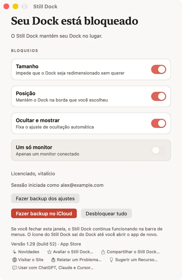 A janela do Still Dock em um Mac, com os bloqueios e as sete ações de ajuda na parte de baixo