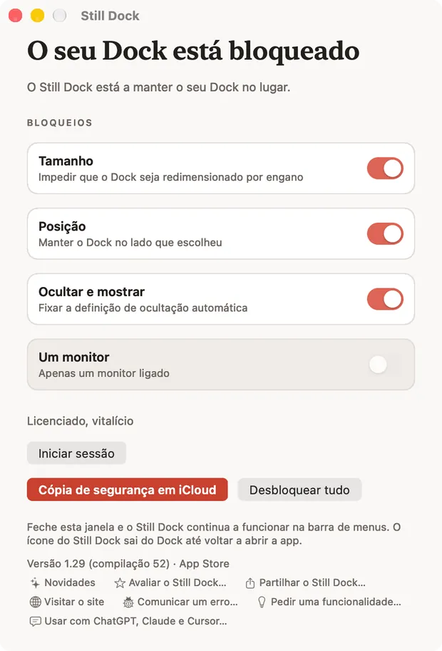 A janela do Still Dock num Mac, com os bloqueios e as sete ações de ajuda em baixo