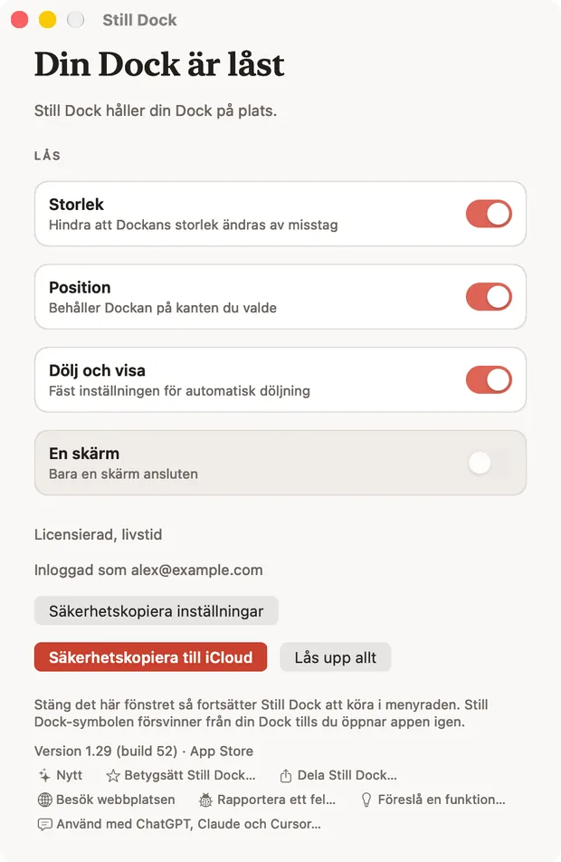 Still Dock-fönstret på en Mac, med låsen och de sju hjälpåtgärderna längst ned