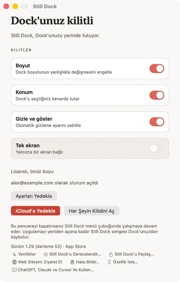Mac'te Still Dock penceresi, kilitleri ve altta yedi yardım eylemini gösteriyor